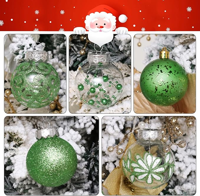 Clear Christmas Ornaments Set, 30ct 2.36inch Green Christmas Ornaments Balls for Christmas Tree Decoration Shatterproof Hanging Baubles with Stuffed Decoration for Halloween Thanksgiving Wedding Party