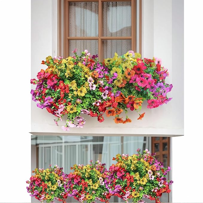 SHIAWASENA Realistic Outdoor Fake Plants Flowers, Artificial Flowers, UV Resistant, 12 Bundles Faux Silk Colorful Violet Flowers Bouquet with Eucalyptus