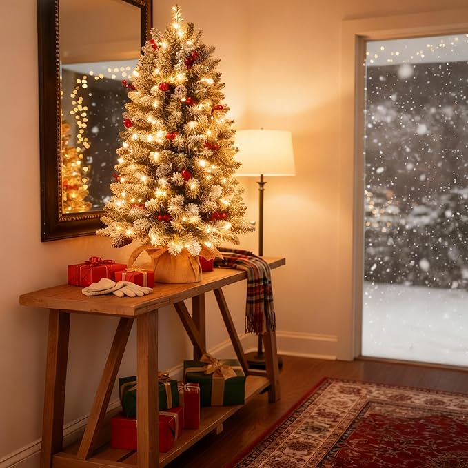3FT Pre-lit Tabletop Christmas Tree, Mini Small Flocked Christmas Trees with 9 Modes LED Lights, Pine Cones & Berries, Battery Operated with Timer, for Home Office Desk Decor