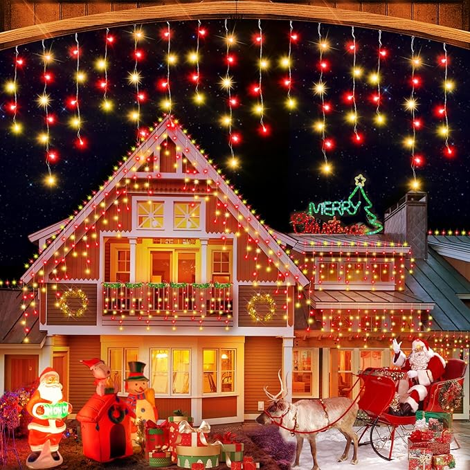 49ft 480LED Outdoor Waterproof String Lights with 8 Modes Timer - Curtain Lights for Outdoor House, Wedding, Holiday & Christmas Decorations - Red & Warm White