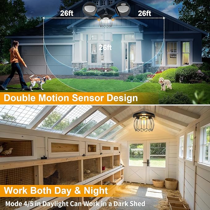 Solar Shed Light Outdoor Indoor, 3000LM Solar Chandelier 5 Modes (Daytime Available) Lamp with 3 Color Temps Dual Motion Sensor Remote, Hanging Pendant Lights for Gazebo Garage Shop Garden