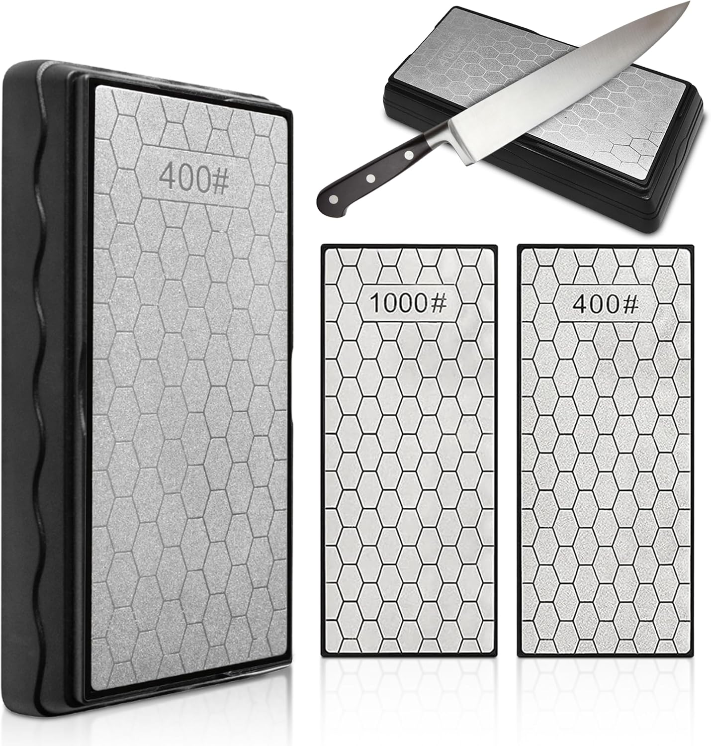 Premium-Grade Diamond Sharpening Stone Set - Double Sided Diamond Knife Sharpener | 400/1000 Grit Stone W/Non-Slip Base & Cover I Replacement to Knife Whetstone & Chisel Sharpening Kit