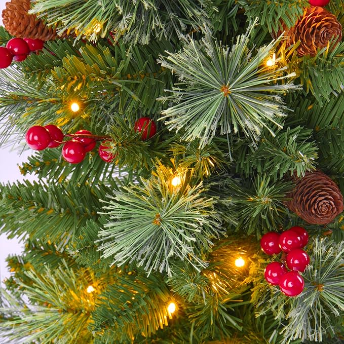 4ft Prelit Artificial Small Christmas Tree with Warm White Multi-Color LED Lights, Timer Battery Operated, Stand Red Berries & Pine Cone Slim Pencil Decoration for Indoor/Outdoor