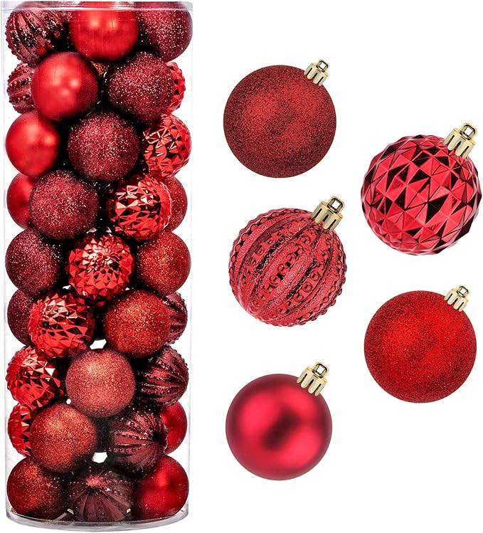 45Pcs 6cm/2.36inch Christmas Balls Glitter Ornaments Set, Shatterproof Plastic Xmas Tree Hanging Ornament, Christmas Decorations Balls for Holiday Festival Wedding House Bar Party(Red/Wine)