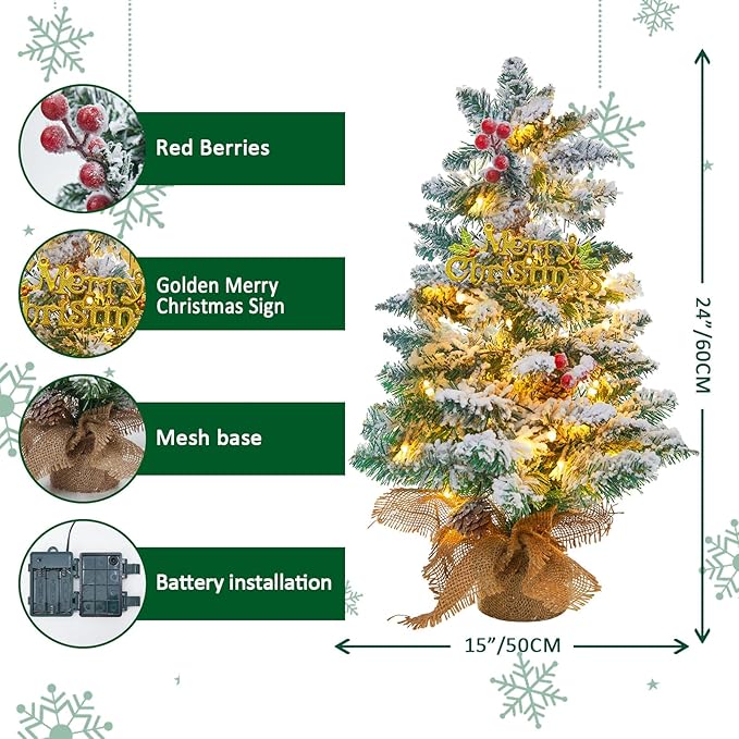 Small Mini Table top Flocked Christmas Tree with 50 LED Lights 24 Inch /2FT Little Prelit Christmas Tree Decorated Gift Boxes and Hanging Ornaments for DIY Christmas Decoration