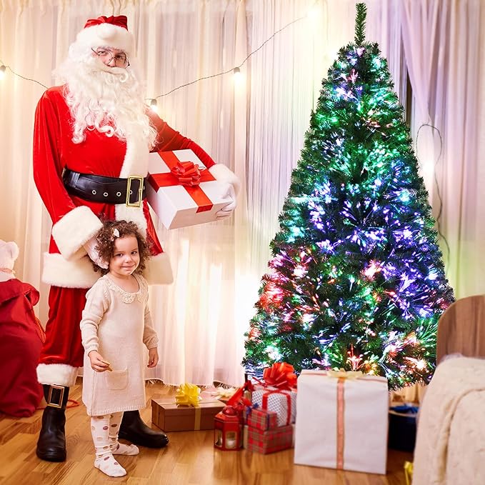 Happygrill 6FT Fiber Optic Christmas Tree, Artificial Spruce Tree Pre-lit Green Xmas Tree with Metal Stand, 617 Branch Tips, Full Tree for Holiday Decoration