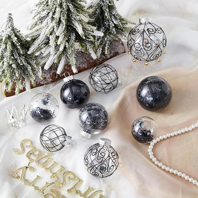 Wironlst Christmas Ball Ornaments Shatterproof Clear Large Plastic Hanging Ball Decorative Baubles Set with Stuffed Delicate Decorations (Multi-Size, Black)