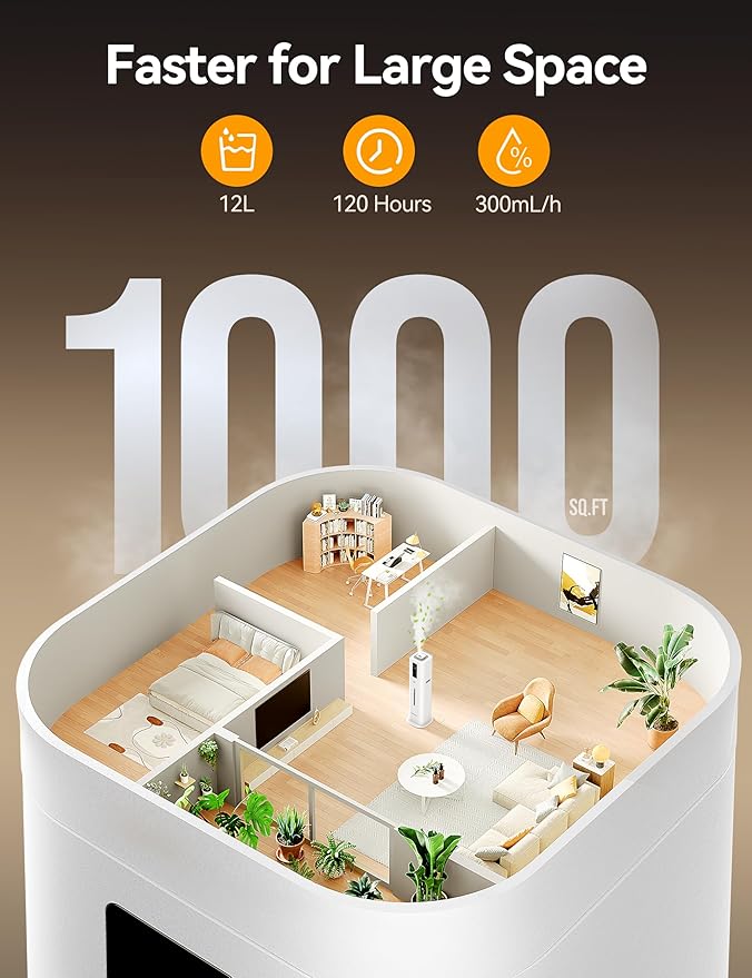 VAGKRI 12L Humidifiers for Large Room, Last 120 Hours, Cover up to 1000ft², Top Fill Ultrasonic Cool Mist Humidifier, 3 Mist Level, 24H Timer, Essential Oil Diffuser Humidifiers For Bedroom, Home