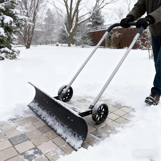 Snow Shovel with Wheels for Driveway, Snow Pusher Shovel with Adjustable Handle, Snow Plow Shovel with Large 37.4” x 9.8” Adjustable Angle Blade for Yards, Sidewalks, Decks, Job Site and Office
