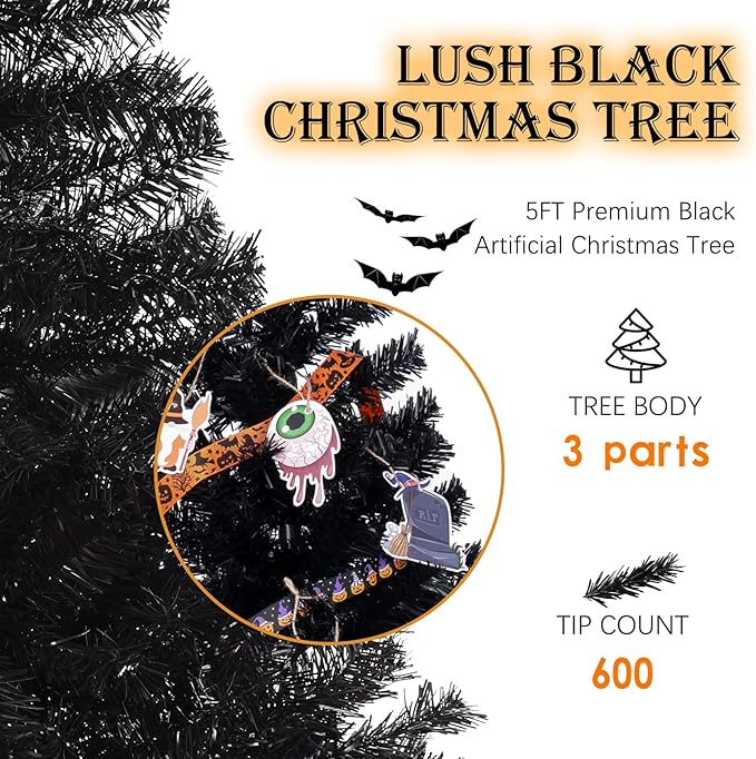 5FT Black Christmas Tree, Small Artificial Halloween Tree with 600 Branch Tips, Xmas Full Tree for Indoor Holiday Carnival Party,Foldable Metal Stand