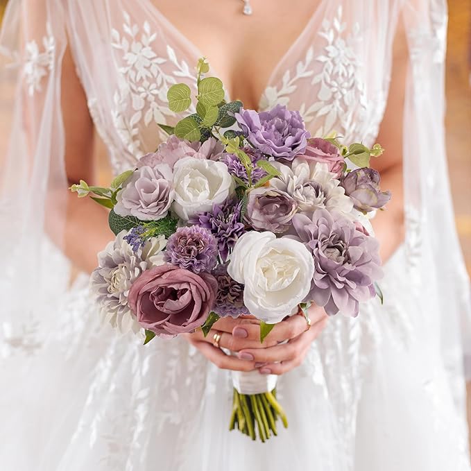 30 Pcs Artificial Flowers Combo Purple Flowers Mix Silk Flowers Dahlia Roses with Stems for DIY Wedding Bridal Bouquets, Baby Shower, Floral Arrangement, Table Centerpieces, Home Decorations