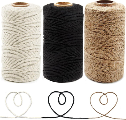 Anvin Cotton Twine - Natural Jute Packing & Wrapping Twines (Black, White) - 984 Feet, 10 Ply, 2mm Thick - Ideal for Bakers, Butchers, Arts & Crafts, Gardening - Pack of 3
