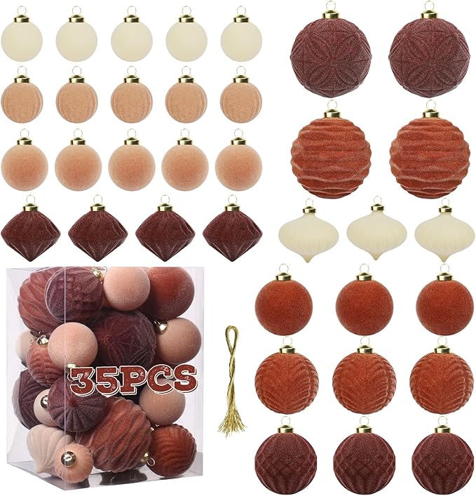 Velvet Ball Ornaments Christmas Balls Mix-Brown 35 PCS Xmas Tree Flocked Ball Ornaments Assortment for Party Garland Wreath Decor Baby Shower First Christmas Decorations
