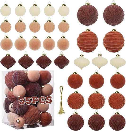 Velvet Ball Ornaments Christmas Balls Mix-Brown 35 PCS Xmas Tree Flocked Ball Ornaments Assortment for Party Garland Wreath Decor Baby Shower First Christmas Decorations
