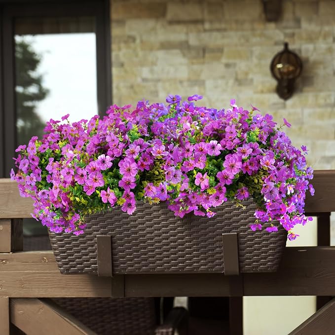 16 Bundles Artificial Flowers for Outdoors ,No Fade UV Resistant Realistic Purple Silk Daisy Fake Eucalyptus Summer Plants for Indoor Decoration Outside Planter Porch Home Garden Window Box Decor