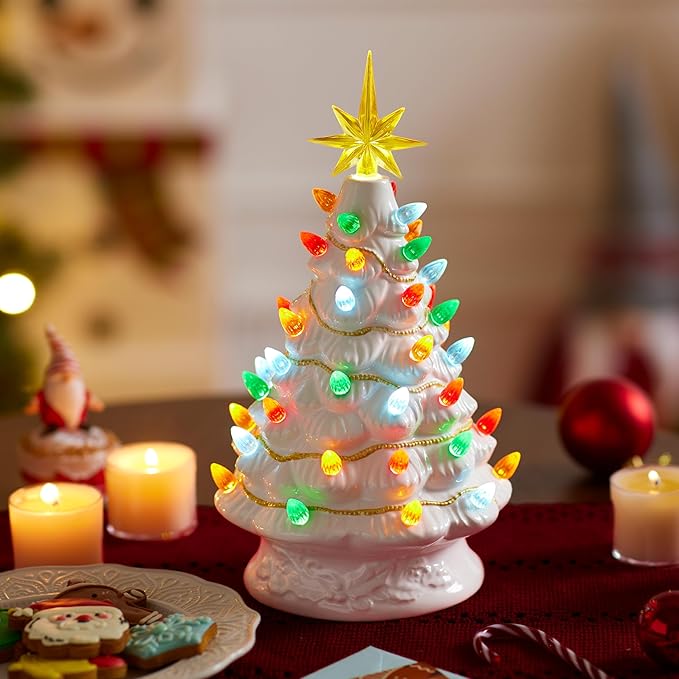 JOIEDOMI 12” White Christmas Ceramic Tree, Light up Tabletop Xmas Tree with 49 LED Lights, Ceramic Decor with Christmas Design, Xmas Holiday Indoor Office Table Centerpiece Decoration