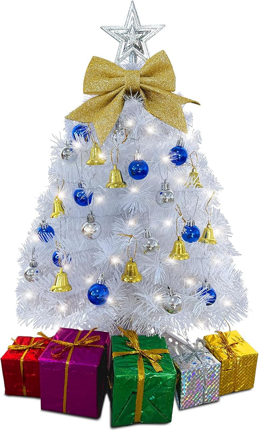 Small White Christmas Tree with Lights - 23 Inch Mini Tabletop Christmas Tree with Warm-White LED Lights, Hanging Ornaments, Decorative Bow and Gift Boxes - Table Tree for DIY Christmas Decoration