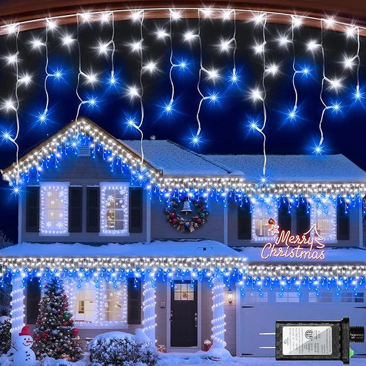 1332 LED 132ft Christmas Lights with 296 Drops, 12 Lighting Modes Blue & White Christmas Decoration Twinkling Lights Dimmable, Timer Outdoor Waterproof Fairy Lights for Indoor Garden House Eaves Roof