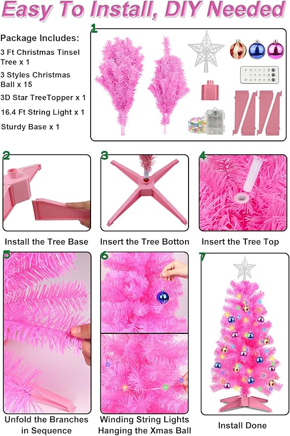3 Feet Pink Tinsel Christmas Tree 12 Modes Dual Color Change Timer DIY 50 Warm White & Multicolor Lights Star 15 Ball Ornaments Battery Operated Small Artificial Full Xmas Tree Table Home Indoor