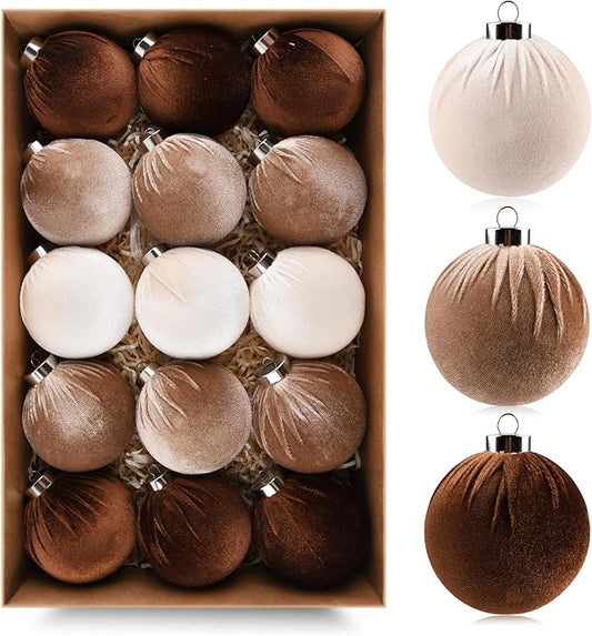 Brown Velvet Christmas Tree Ornaments - 15pcs Shatterproof Christmas Balls for Xmas Trees Decorations - Multicolor Brown Neutral Beige, 80mm 3.15inch