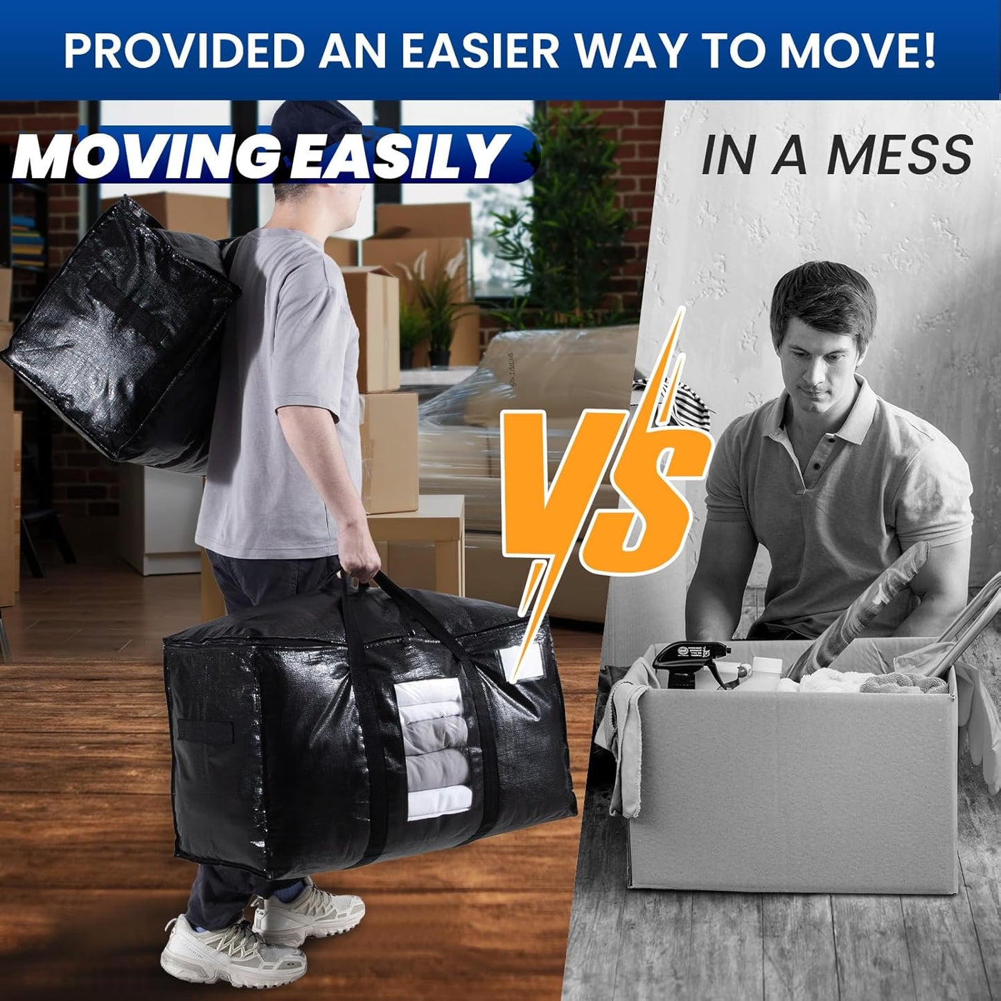 TAILI Extra Large Moving Bags, 8 Pack Black Heavy Duty Totes For Storage with Visible Window, Wrap Around Handles, Storage Bags for Space Saving, Alternative to Moving Boxes