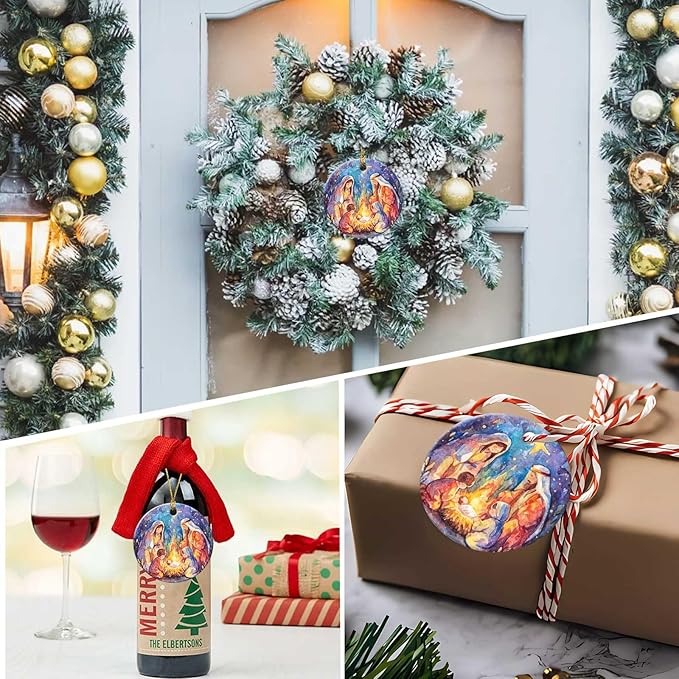 Nativity Night Ornaments Nativity Scene Round Ceramic Watercolor Birth of Jesus Christ Hanging Ornament Christmas Keepsake Decor for Xmas Tree Winter Holiday Xmas Gift for Women Men 3"