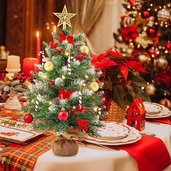 Small Christmas Tree with LED Lights, 2ft Table Top Christmas Tree with Burlap Bag Base and Star Tree Topper, 24 in Mini Tabletop Xmas Tree for Table Desk Home Christmas Decorations