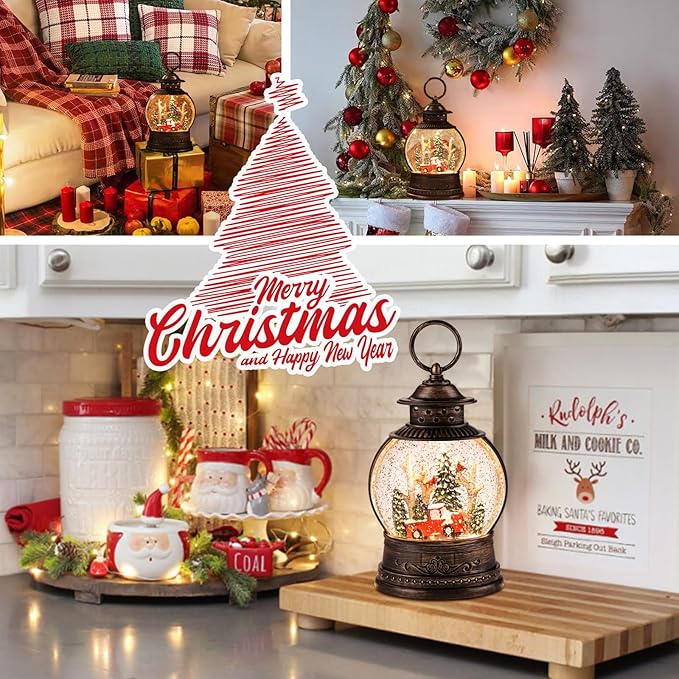 Christmas Snow Globes,Swirling Music Box Christmass Trees with 8 Songs & 6H Timer,Battery Operated & USB Powered Christmas Lanterns for Indoor Holiday Table Party Gifts
