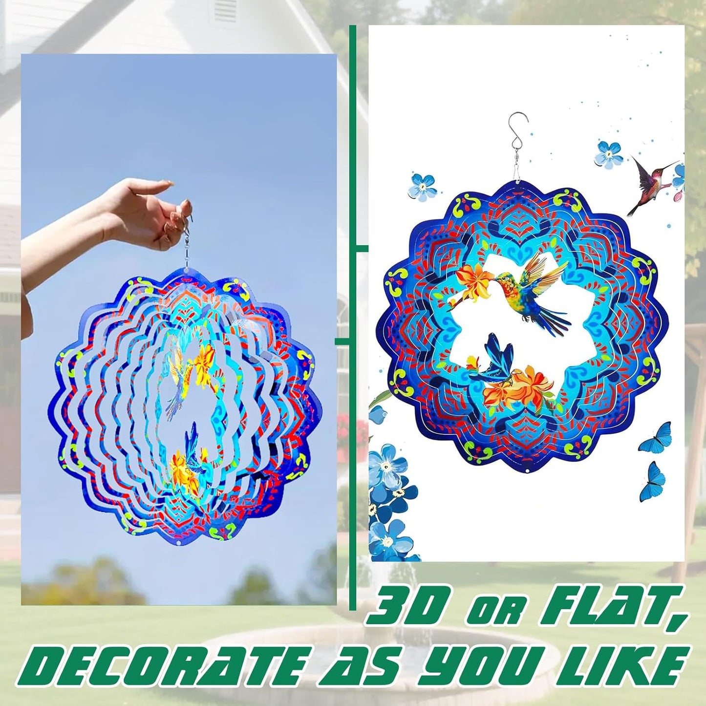 Wind Spinners 12 inch 3D Stainless Steel Laser Cut Metal Art Geometric Pattern Wind Sculpture Hanging for Garden Decorations Gifts Indoor Outdoor Blue