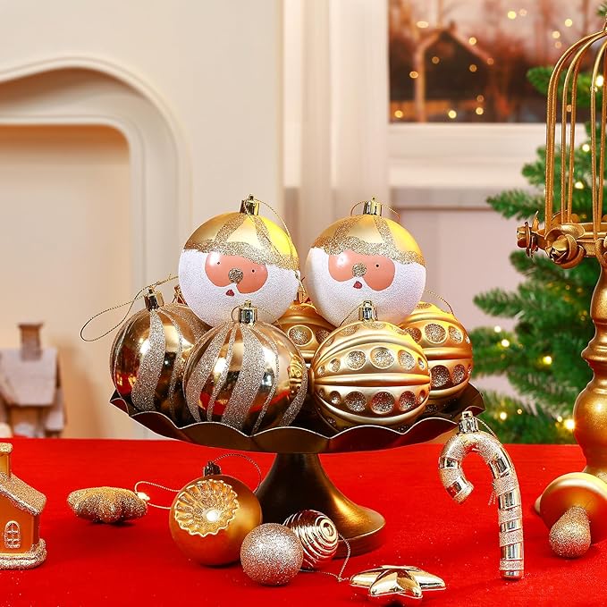 SHareconn 80ct Christmas Balls Ornaments Set, Shatterproof Plastic Colorful Xmas Decorative, Baubles for Tree Decorations with Hanging Strings,Deep Shallow Gold