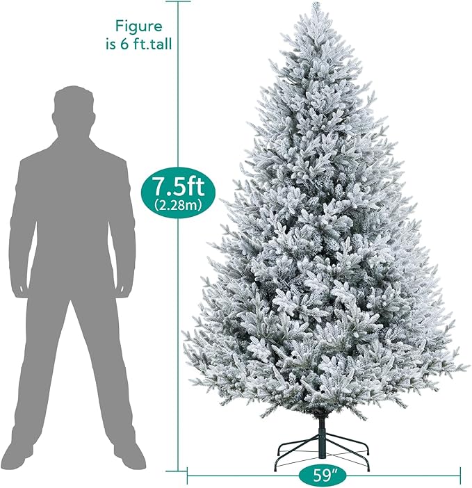 Naomi Home 7.5ft Frosted Christmas Tree with Lights, Realistic Snow Flocked Christmas Tree Prelit with 3266 Branch Tips, 650 Warm Lights and Metal Stand, Aritificial Xmas Tree