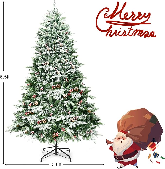 Happygrill 6.5FT Pre-lit Snow Flocked Christmas Tree Classic Natural Christmas Tree with 450 LED Lights Foldable Stand PVC PE Mixed Thick Leaves