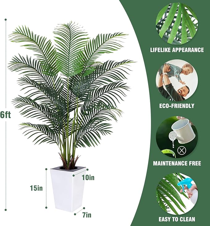 Artificial Palm Tree with White Tall Planter, 6ft Tall Potted Artificial Silk Palm Tree Plant, Fake Tropical Plant, Home Office Floor Room Decor Plants Indoor Outdoor, Housewarming Gift