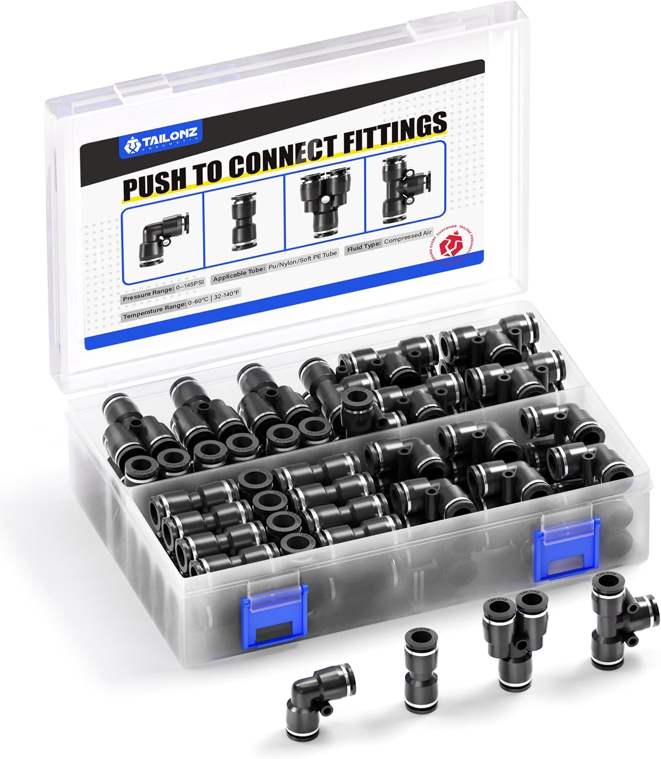 TAILONZ PNEUMATIC Black 1/4 Inch od Push to Connect Fittings Pneumatic Fittings Kit 20 Spliters+20 Elbows+20 tee+20 Straight (80 pcs)