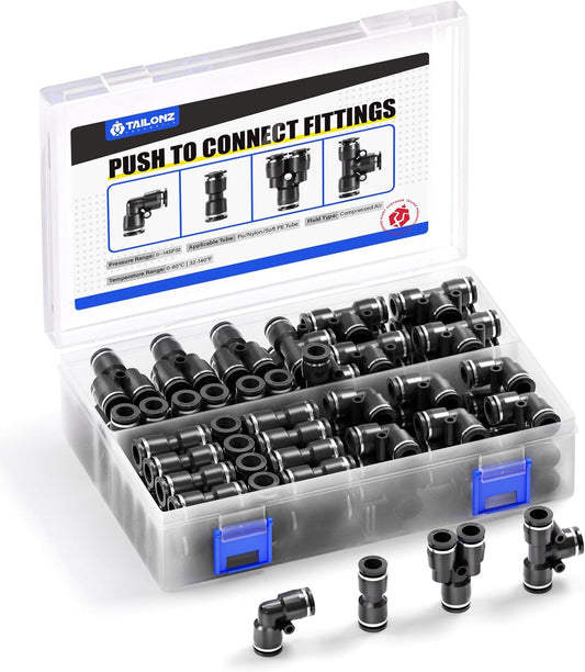 TAILONZ PNEUMATIC Black 1/4 Inch od Push to Connect Fittings Pneumatic Fittings Kit 20 Spliters+20 Elbows+20 tee+20 Straight (80 pcs)