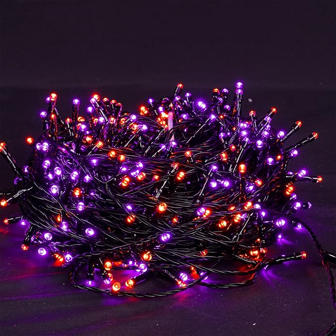 Dazzle Bright Halloween String Lights, 66FT 200 LED Connectable Black Wire 8 Modes String Lights, Waterproof Christmas Decorations for Indoor Outdoor Patio Party Holiday, Purple & Orange