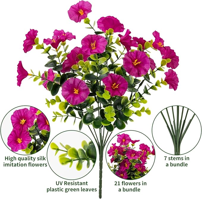 Lnoicy Artificial Flowers for Outdoor 12 Bundles Eucalyptus Fake Flowers for Planter,UV Resistant Fake Morning Glory for Home/Porch/Garden Decoration (Mix Color)