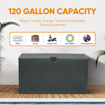 125 Gallon Resin Deck Box, Weatherproof Outdoor Storage Box for Patio, Garden, Pool, and Yard, Lockable Waterproof Bin for Tools, Cushions, and Accessories, Grey