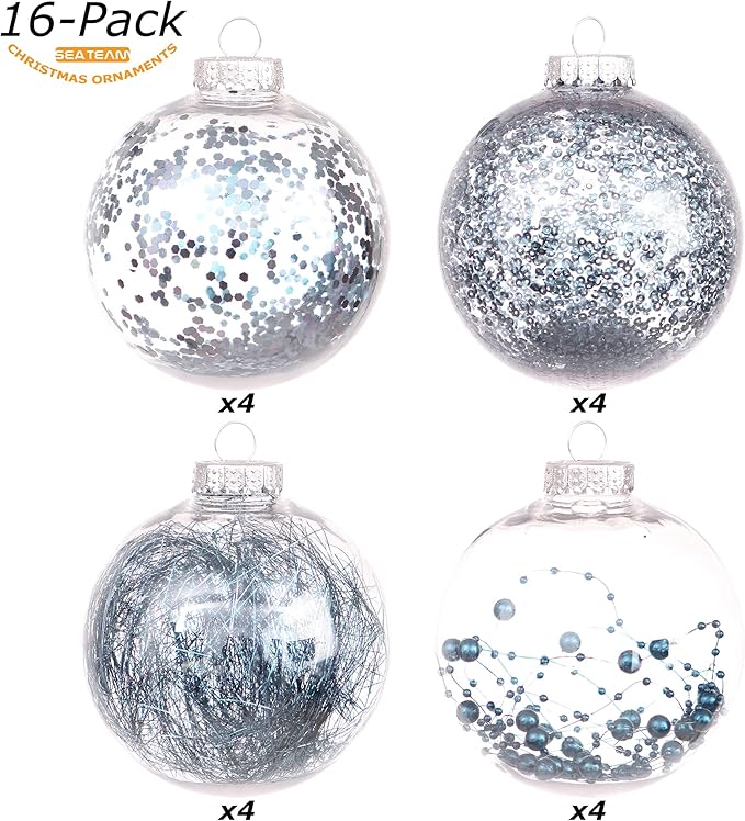 Sea Team Shatterproof Clear Plastic Christmas Ball Ornaments Decorative Xmas Balls Baubles Set with Stuffed Delicate Decorations (100mm/3.94 inch 16-Pack, Stone Blue)