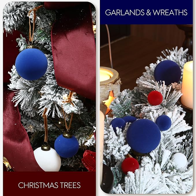 Sea Team 16-Pack Flocked Velvet Christmas Tree Ball Ornaments Set, Hanging Velour Baubles, Shatterproof Plastic Decorations for Xmas Tree, Wreath, Garland, 80mm/3.15 Inches, Royal Blue