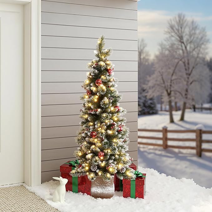 LuxenHome 5FT Potted Christmas Tree with Ornaments, Pre-Decorated Small Flocked Artificial Christmas Trees Prelit with 150 LED Lights, Pencil Xmas Tree with Pot for Indoor, Outdoor