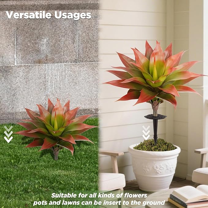 24 Inch Red Artificial Agave Plant with Ground Stake, Realistic Faux Succulents for Home Decor, UV-Resistant Fake Agave Plant for Indoor Outdoor Planters, Porch, Patio, Balcony, Poolside, 2 Pack