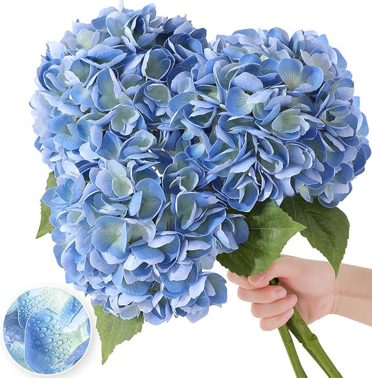 Nubry 22.44In Blue Hydrangea Artificial Flowers, 3Pcs Latex Faux Real Touch Large Hydrangea Flowers with Long Stems & Leaves for Home Office Decor Wedding Party Arrangements(Blue)