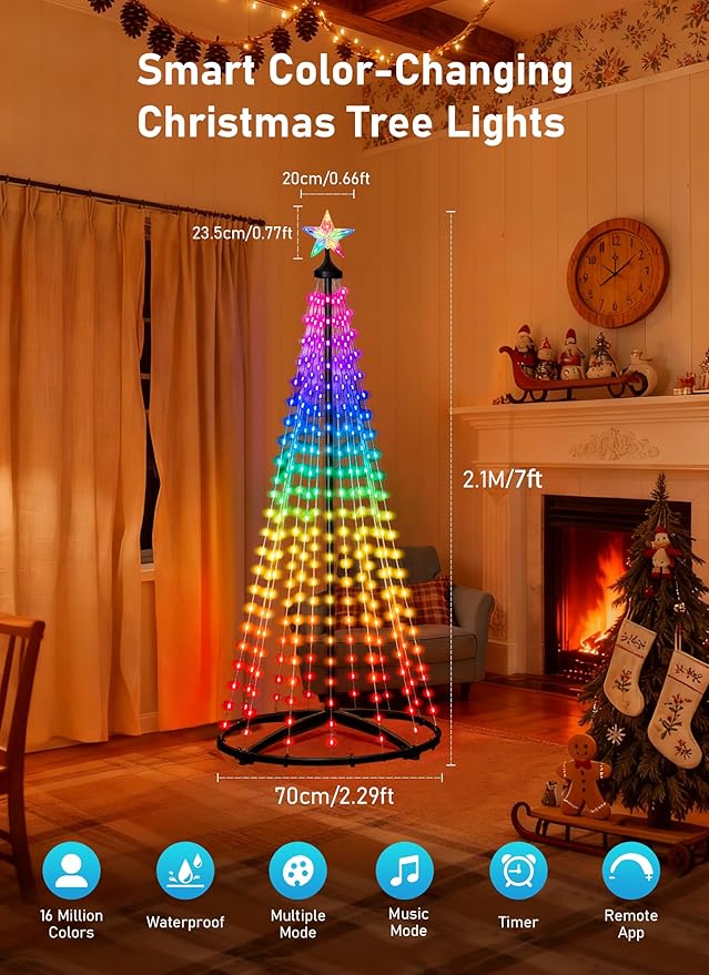 7FT Christmas Cone Tree,Smart RGB LED Lights with App & Remote Control,Music-synced and DIY Multicolor String Lights,Indoor & Outdoor Waterproof Christmas Decoration Lights for House