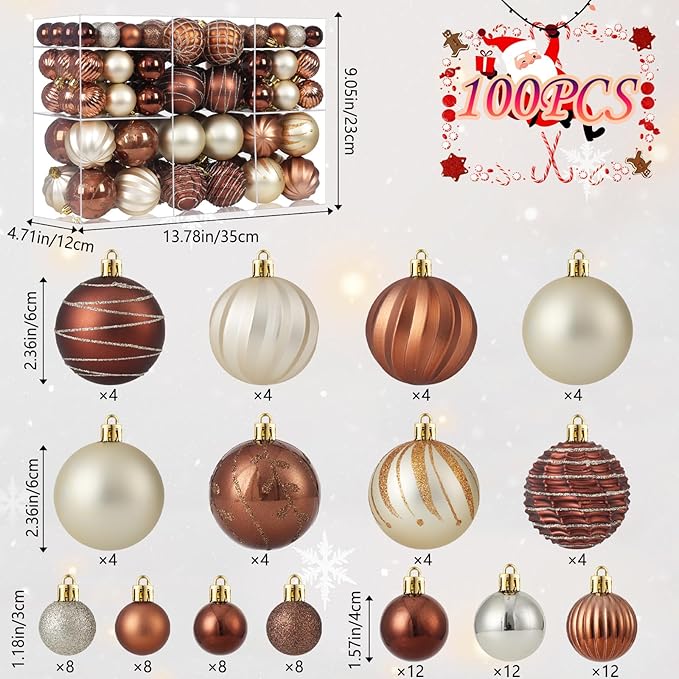 100PCS Brown and Gold Christmas Ornaments Set, Shatterproof Christmas Ball Ornaments Bulk, Assorted Decorations Baubles Hanging Ornaments for Christmas Trees Holiday Party Decor (Brown & Gold)