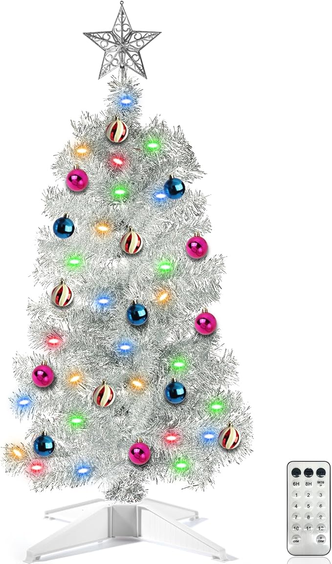 [Remote Control & 12 Modes] SURCVIO 3 Ft Christmas Tree with Timer 50 Four Color LED Lights DIY 15 Ball Ornaments Star Artificial Xmas Tree Indoor Outdoor Home Holiday Decorations (Silver)
