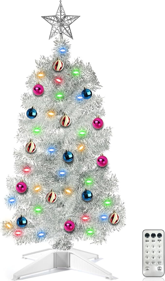 [Remote Control & 12 Modes] SURCVIO 3 Ft Christmas Tree with Timer 50 Four Color LED Lights DIY 15 Ball Ornaments Star Artificial Xmas Tree Indoor Outdoor Home Holiday Decorations (Silver)