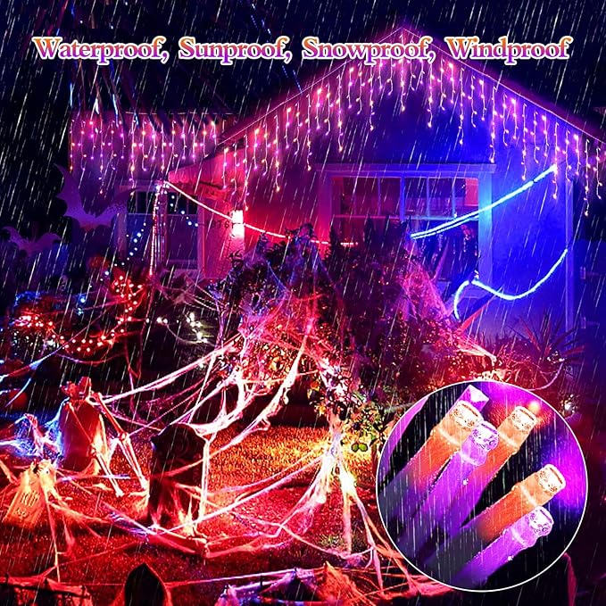 JXLEDAYY 65 FT 640 LED Halloween Lights Outdoor Decorations Clear Wire String Lights Plug in 120 Drops 8 Modes Memory Timer Curtain Fairy Lights Waterproof for Holiday Wedding Party-Orange and Purple