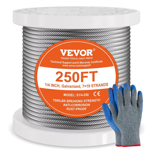VEVOR Wire Rope, 1/4" 250 ft Zinc Galvanized Carbon Steel Cable with Gloves, 7000 lbs Breaking Strength, 7 x 19 Strands Construction Marine Aircraft Grade for Handrail Stair Decking Fence Outdoors