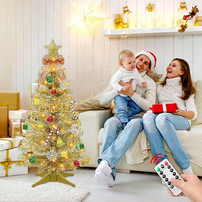 3Ft Small Christmas Tree with Timer Remote, 8 Modes 50 Warm White&Colorful Change Lights, 3D Star&44 Ornaments, Battery Operated, Mini Christmas Tree Table Indoor Holiday Party Decor